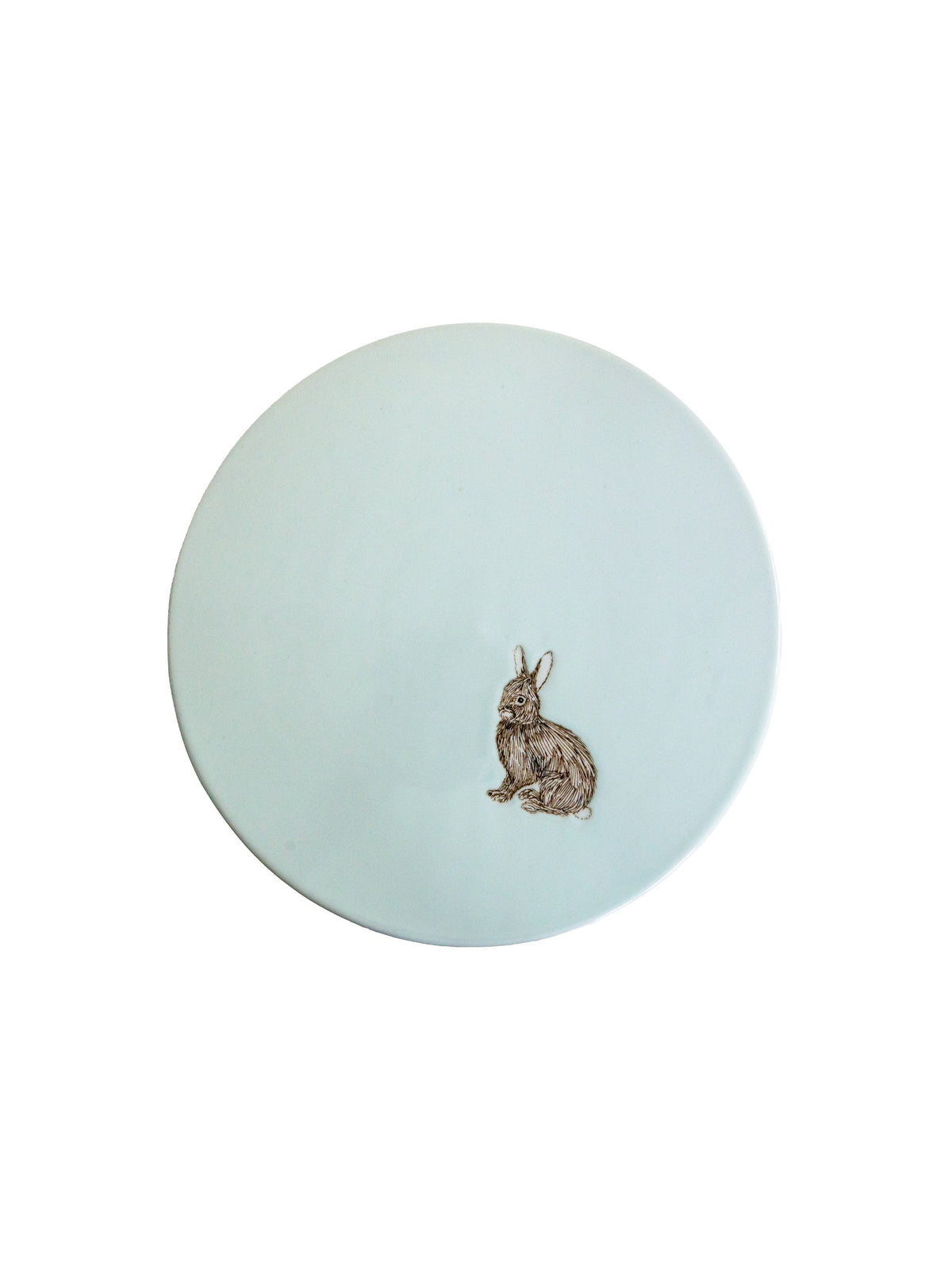 Celadon ceramic cake stand with rabbit figure relief on round top