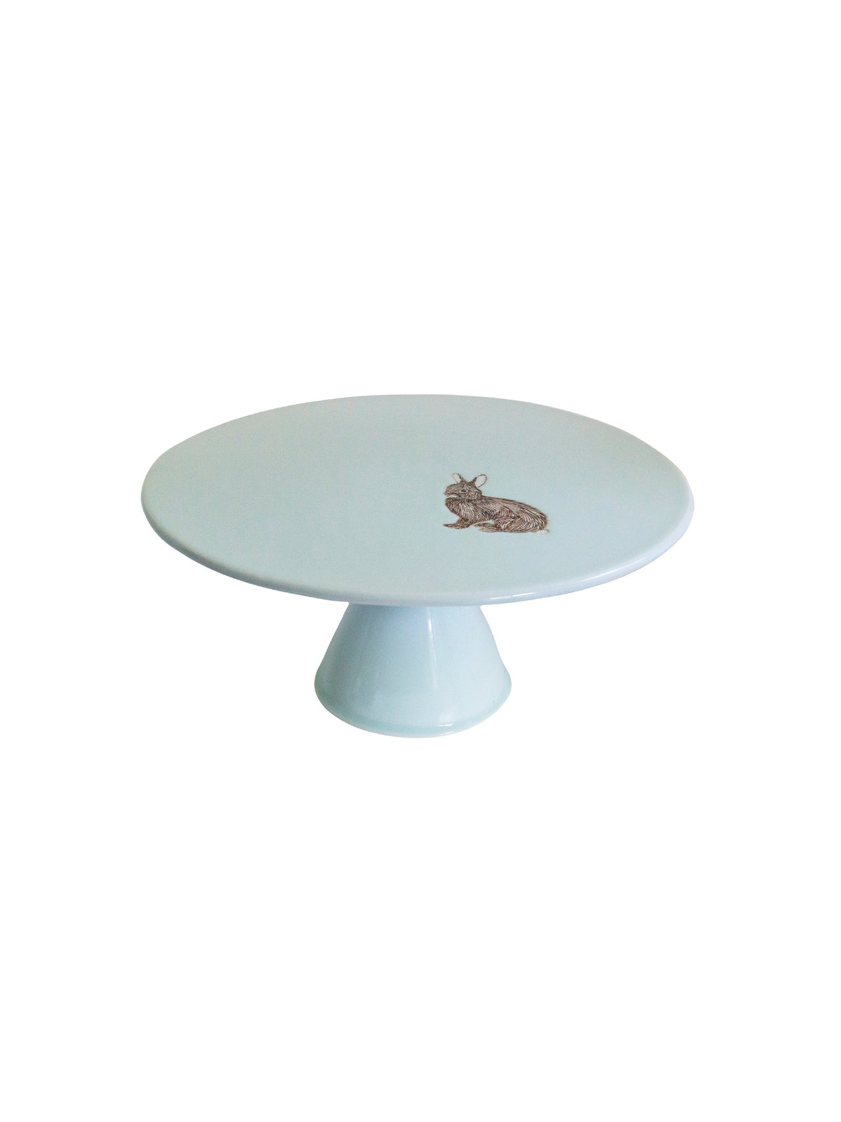 Celadon ceramic cake stand with rabbit figure relief on round top