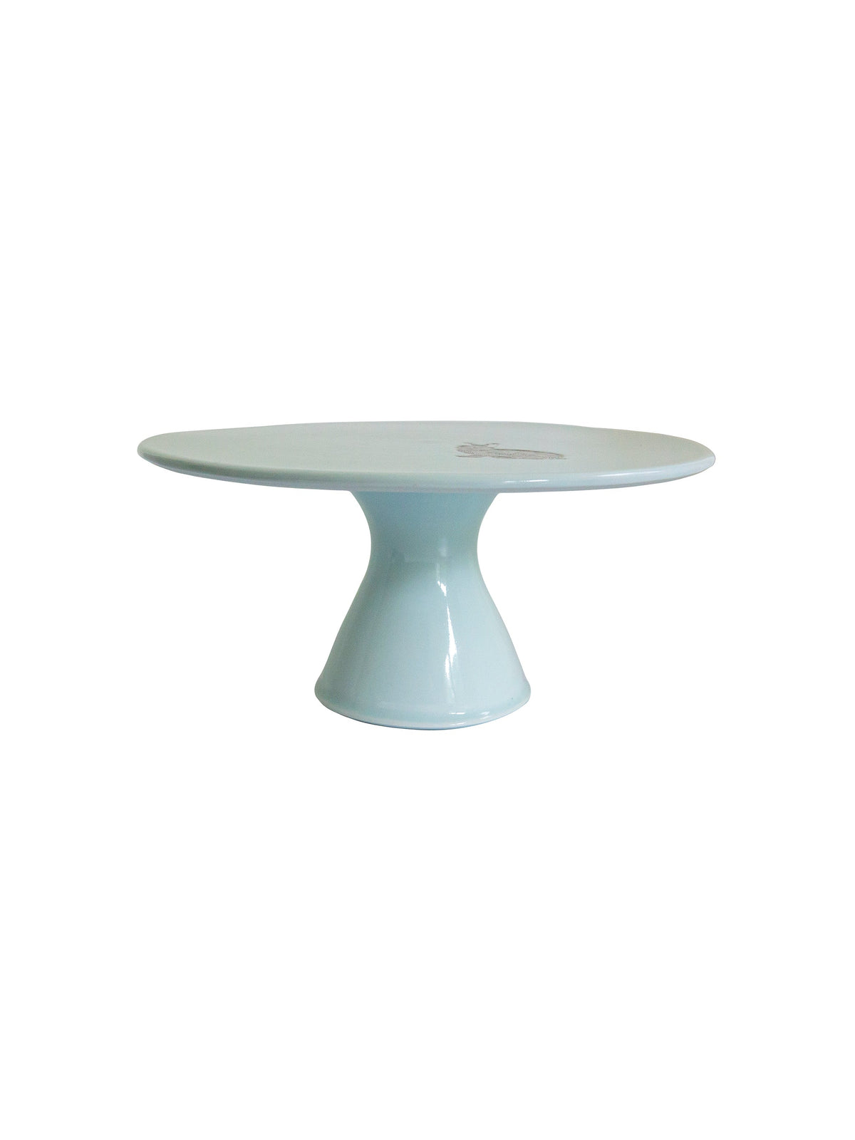Celadon ceramic cake stand with animal motif on round top, pedestal base