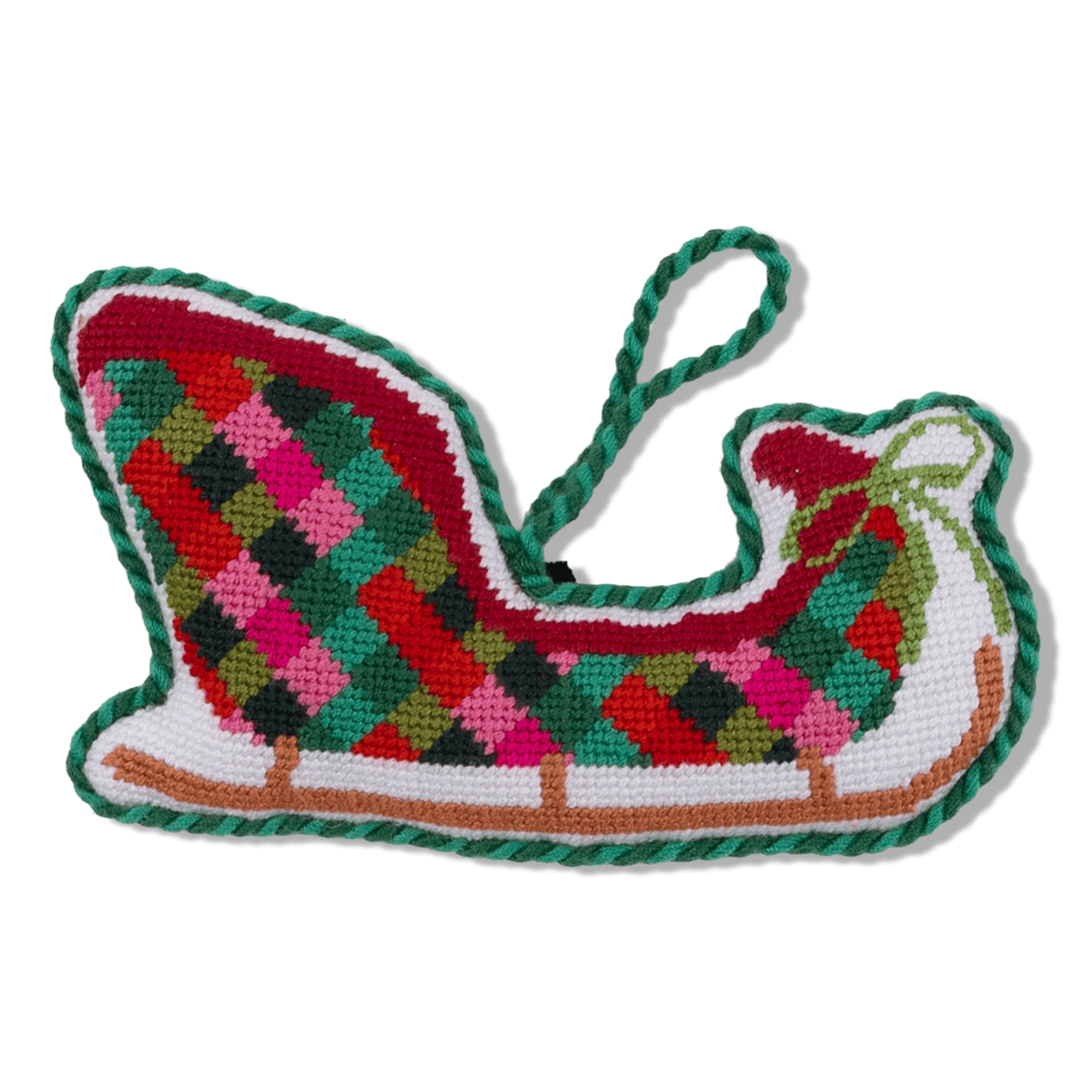 Needlepoint sleigh ornament with colorful plaid pattern and green hanging cord