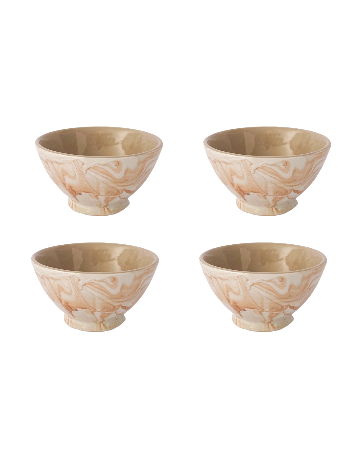 Set of four marbled ramen bowls, white with orange swirling, matching sizes