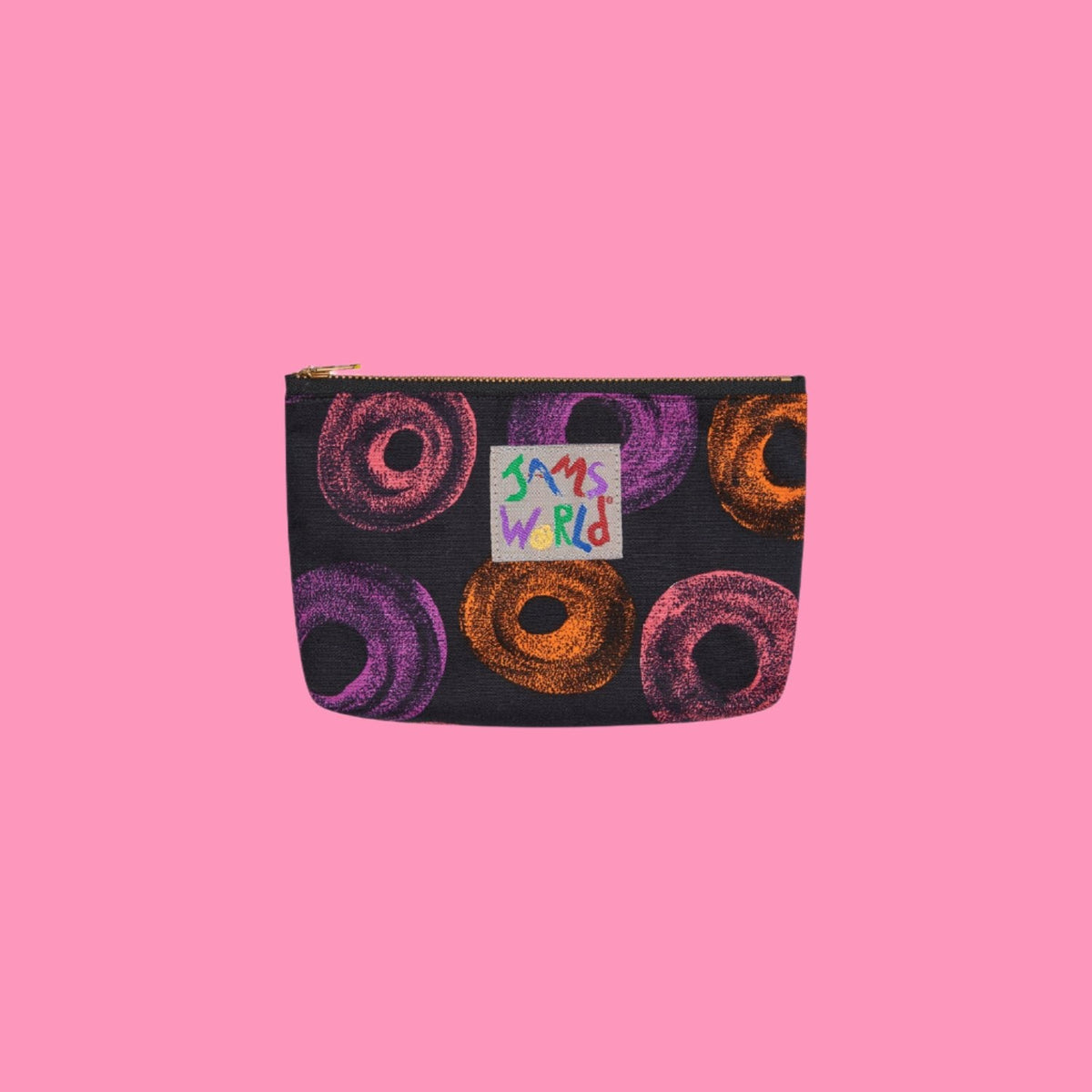 Lined zip pouch with neon donut print, gold zipper and front-facing label