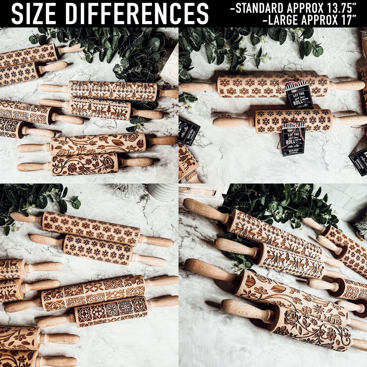 Multiple embossed wooden rolling pins shown for standard and large size differences