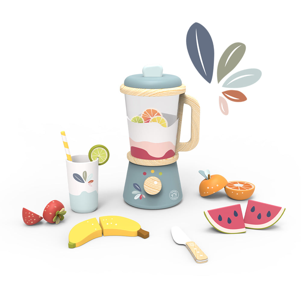 Play blender set with lid jug, cups, and toy fruit pieces