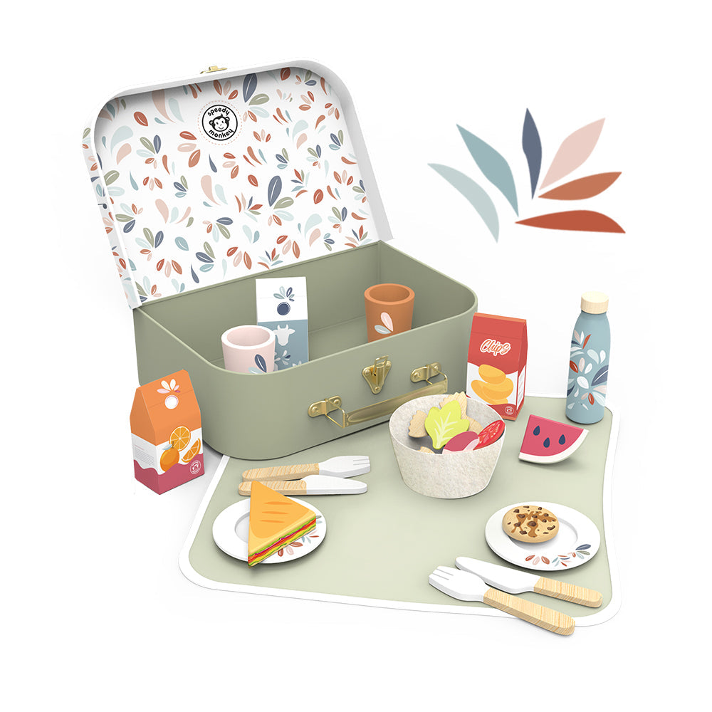 Children's picnic basket set with patterned lid, cups, bottle, toy food, plates and utensils