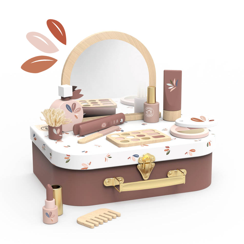 Floral makeup vanity play suitcase with gold handle, open lid, accessories and compact