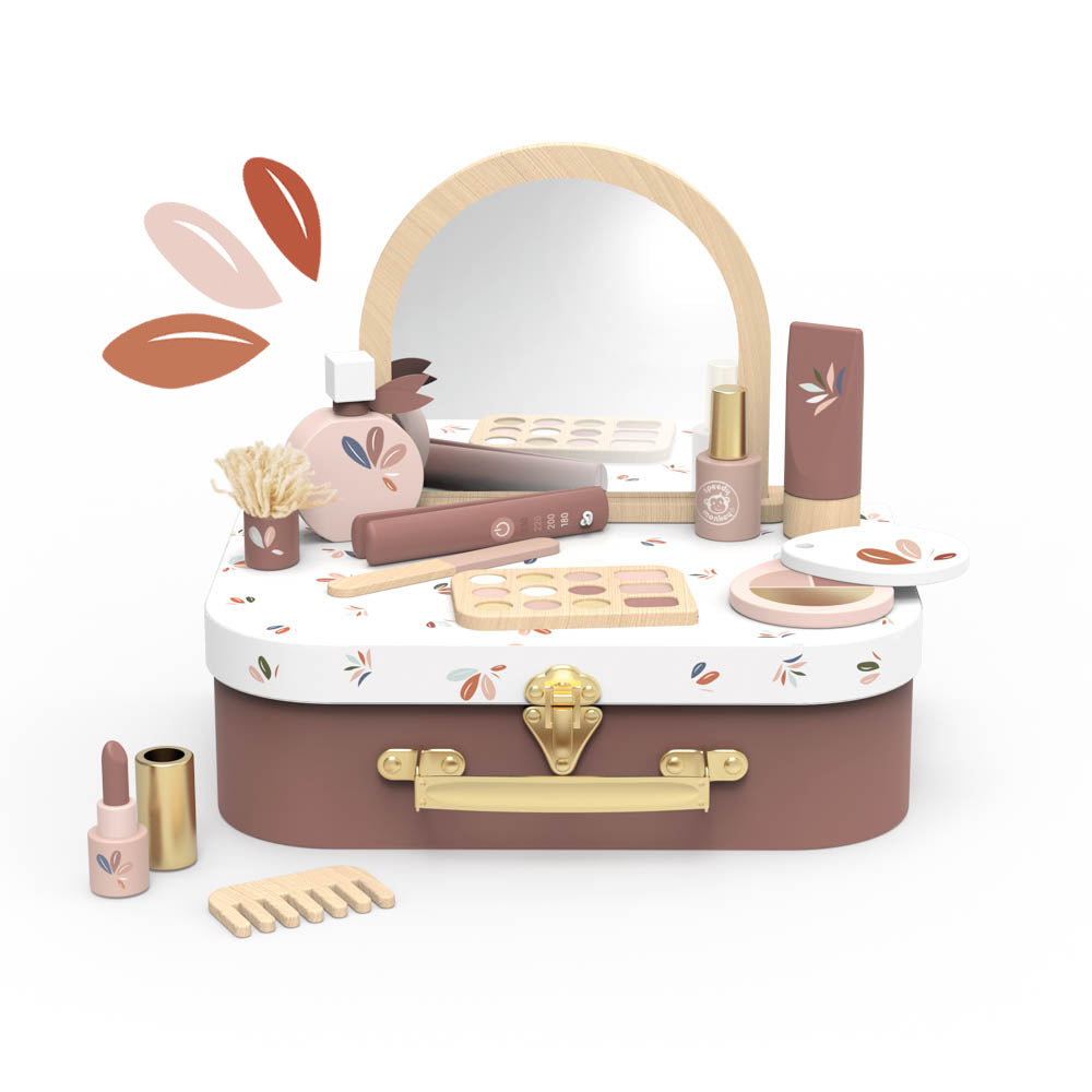 Round top makeup play suitcase with floral print, open front, lip and palette accessories