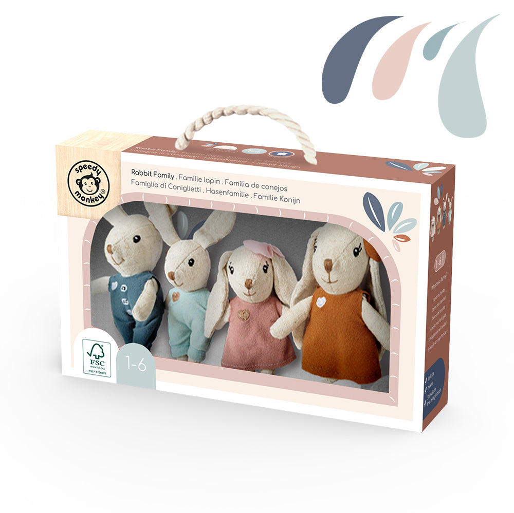 Rabbit plush family gift box with four bundled rabbit dolls inside