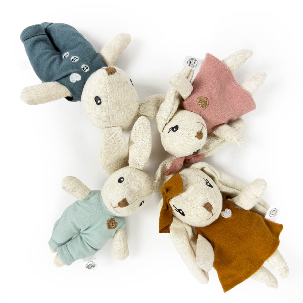Mixed rabbit plush dolls with blue, pink, green, and brown outfits