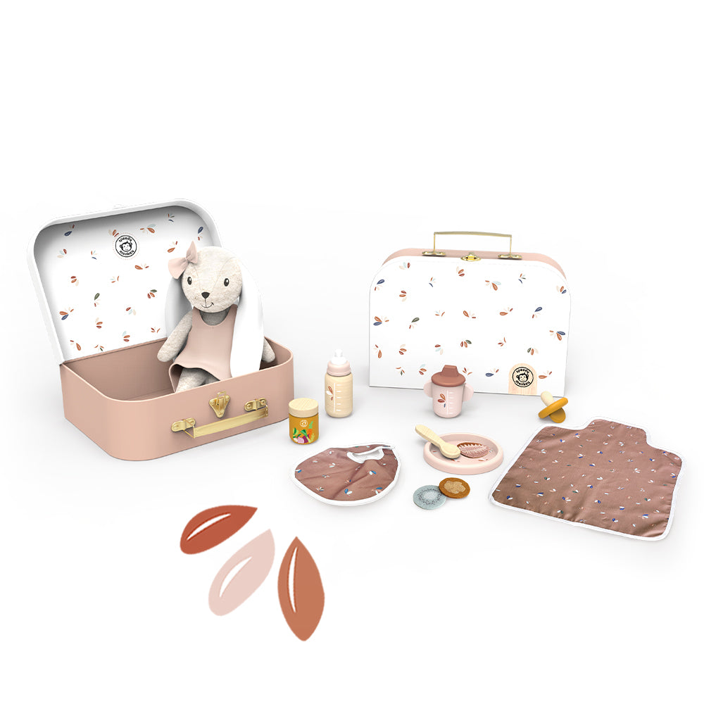 Kids doll playset in open carry case with bunny doll and accessories