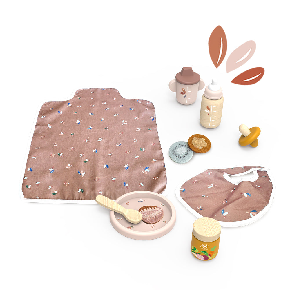 Kids doll playset accessories: fabric blanket, bottles, plate, brush, and toys