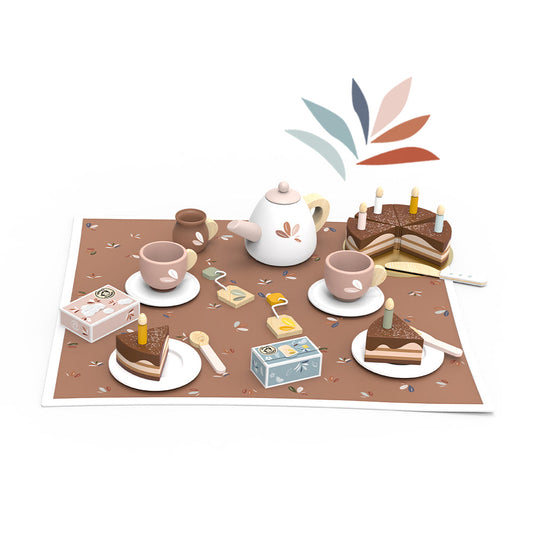 Birthday tea set playset with teapot, cups, cakes, candles, and serving tray pieces