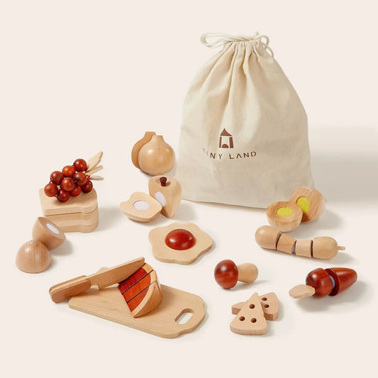 Wooden play food cut-and-play set with cloth storage bag and assorted food pieces