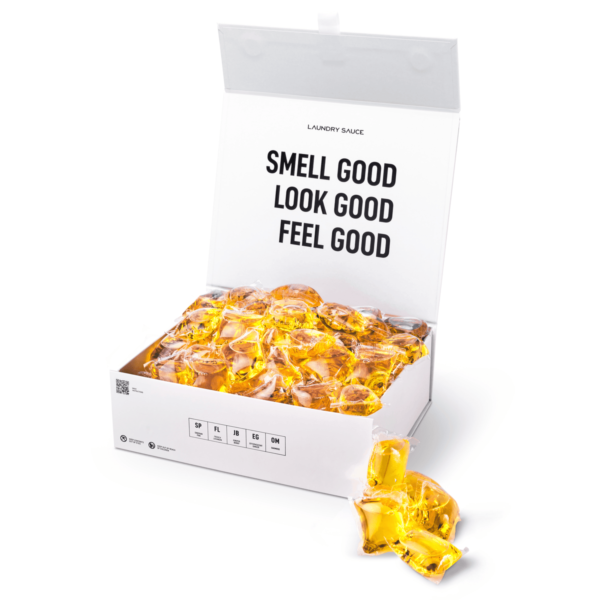 White display box of scented laundry detergent pods with amber gel pods