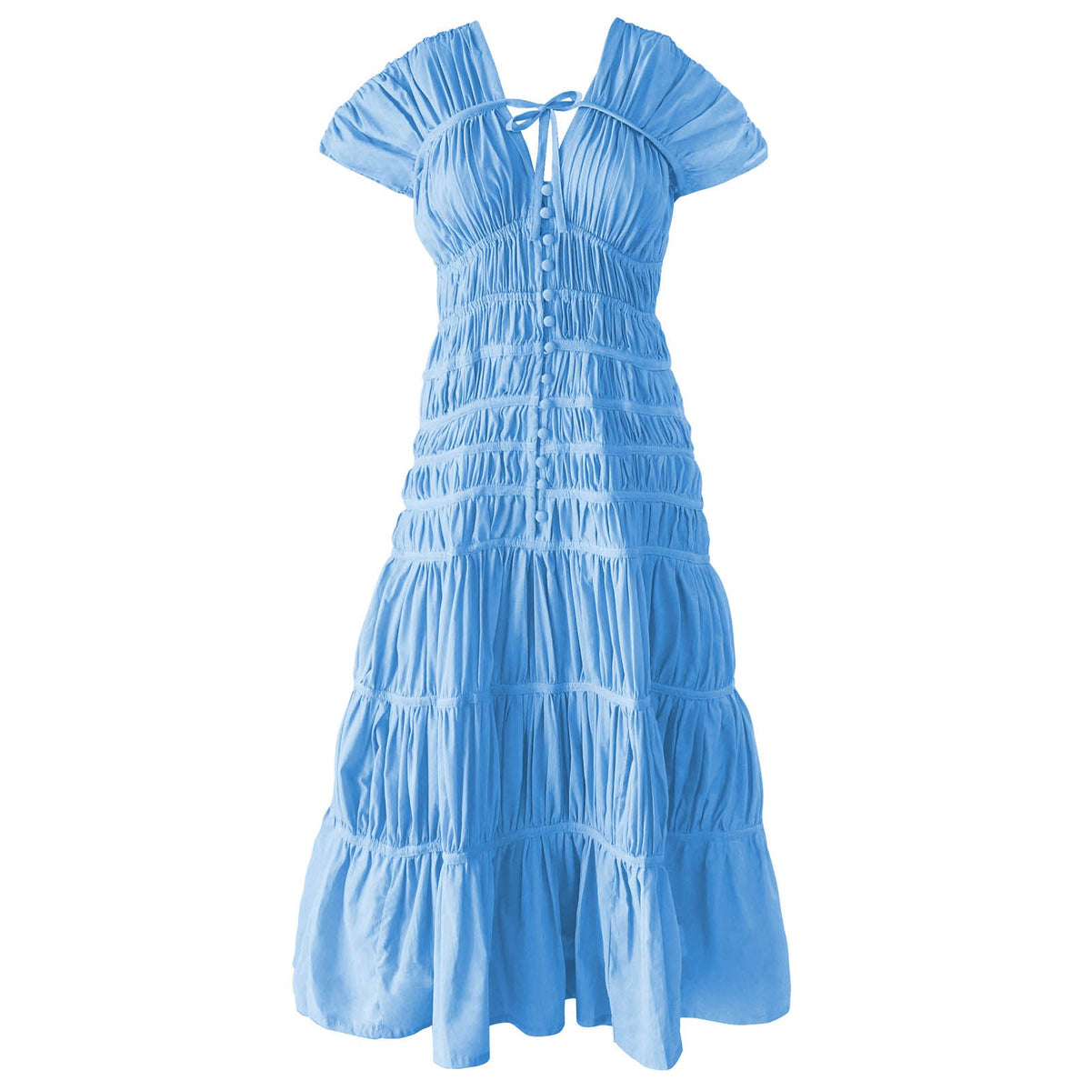 Princess blue ruffle maxi dress with short sleeves and tiered skirt, front tie