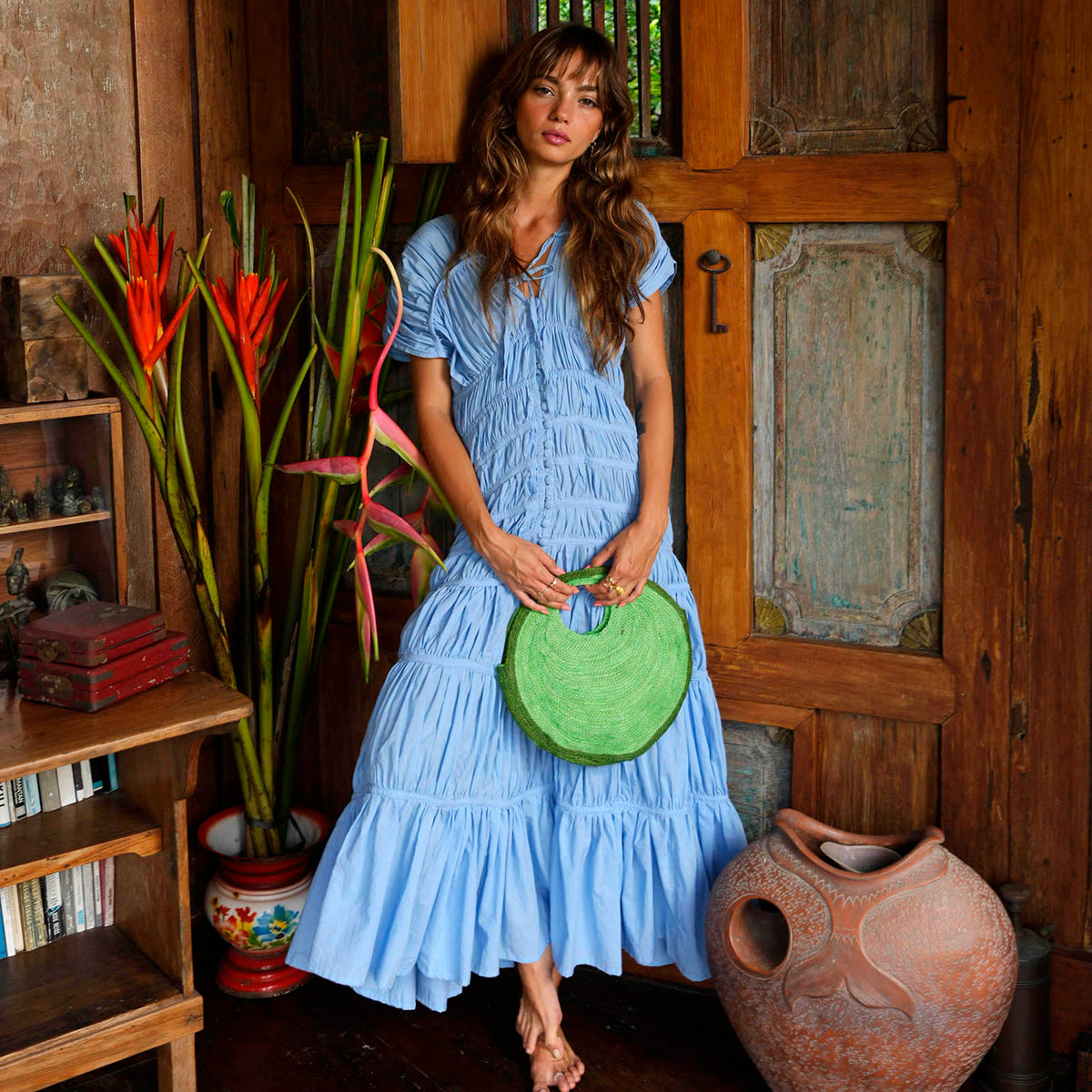 Princess blue ruffle maxi dress with tiered skirt and short sleeves