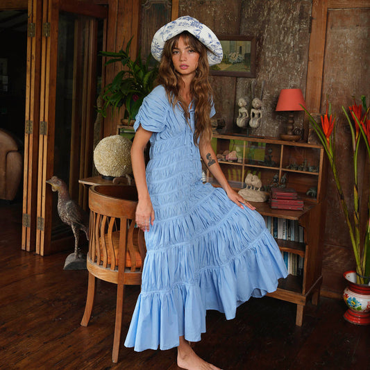 Princess blue tiered ruffle maxi dress with gathered bodice and short sleeves