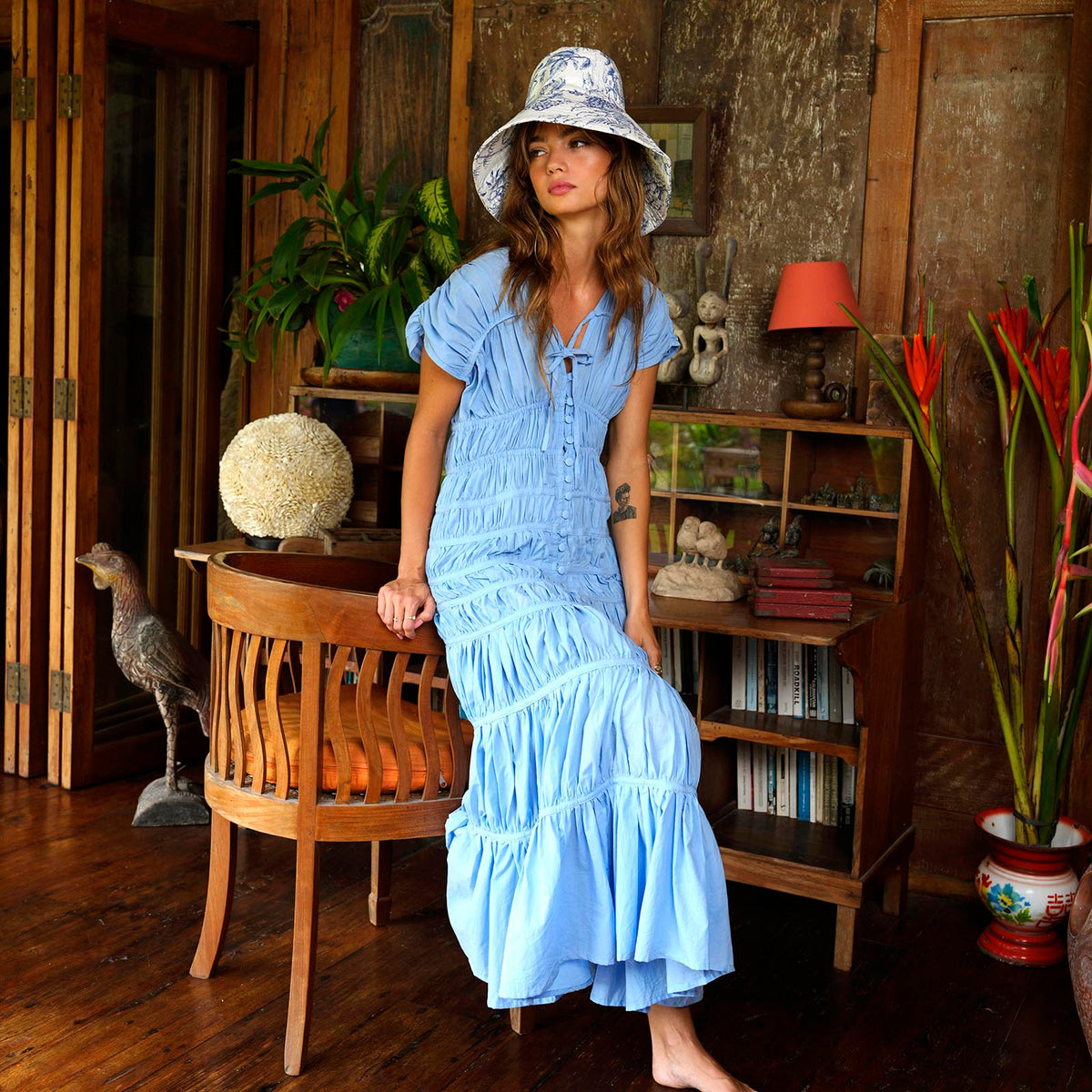 Princess blue tiered ruffle maxi dress with gathered bodice and short sleeves