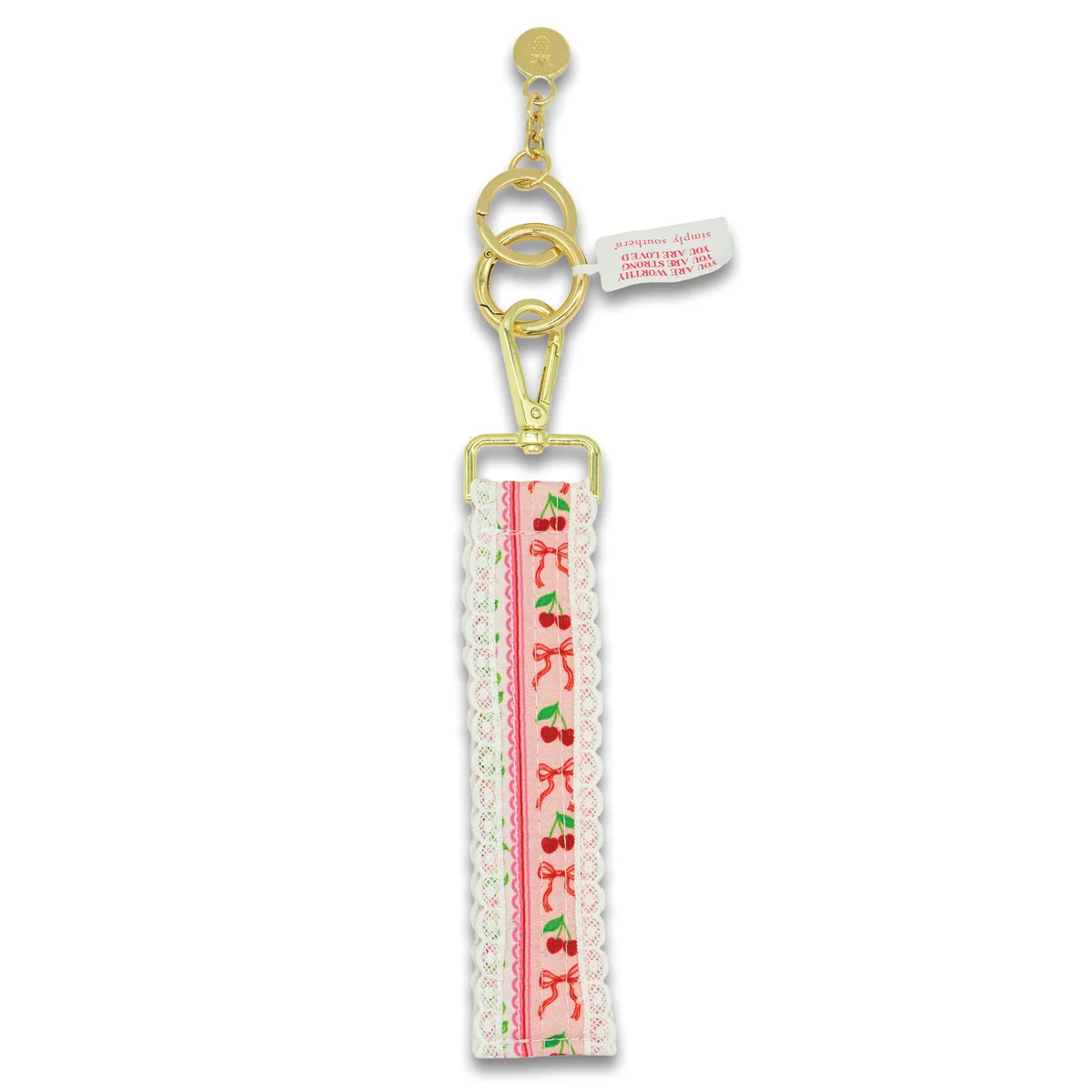 Cherry print lace keyfob with gold clip and key ring