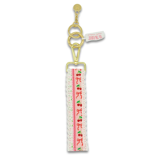 Cherry print lace keyfob with gold clip and key ring