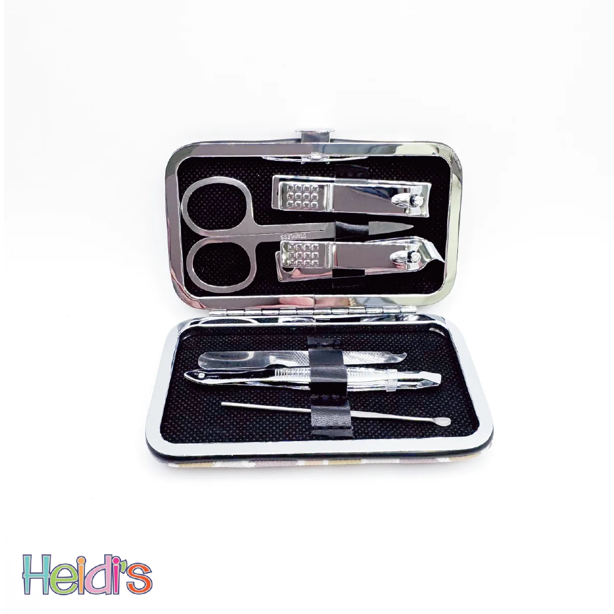 Open manicure travel kit with metal tools: clippers, file, and tweezers.