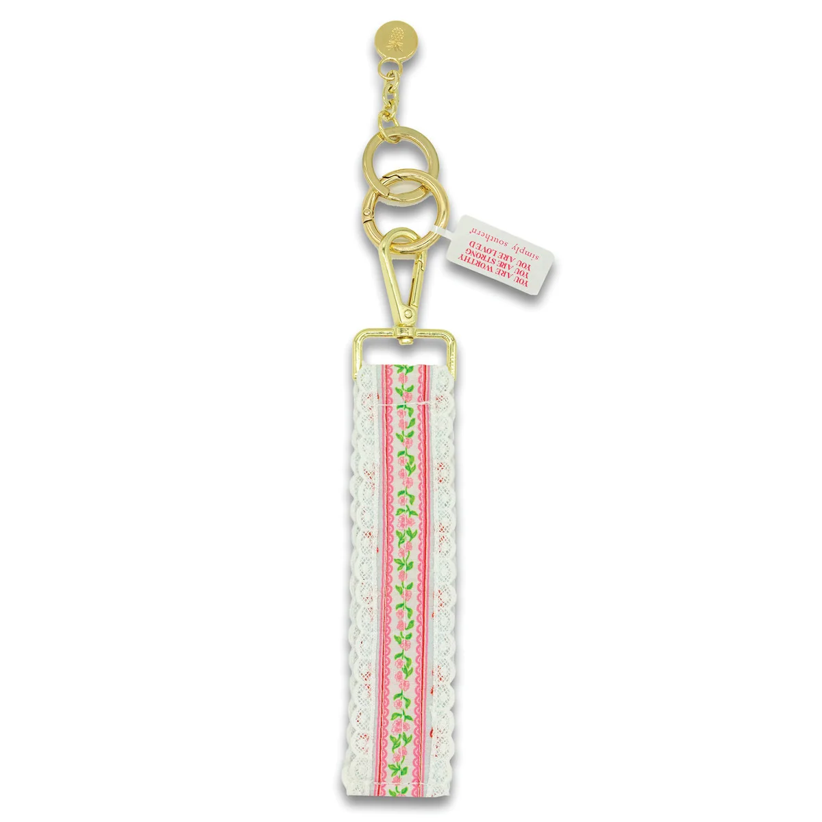 Pink rose lace keyfob with gold chain and pink floral ribbon pouch