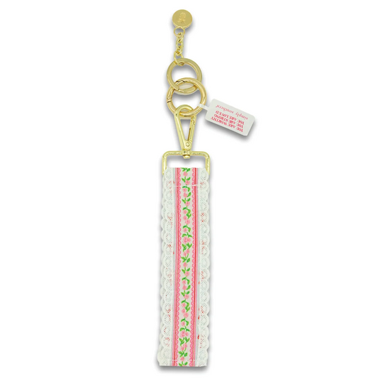 Pink rose lace keyfob with gold chain and pink floral ribbon pouch