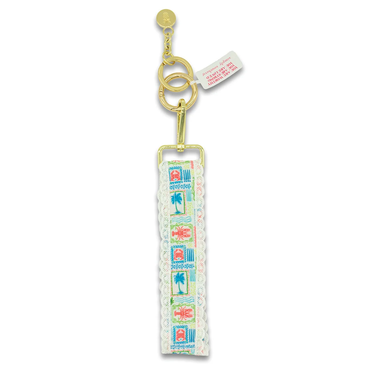 Sea patch lace key fob with gold rings and colorful rectangular patch strap