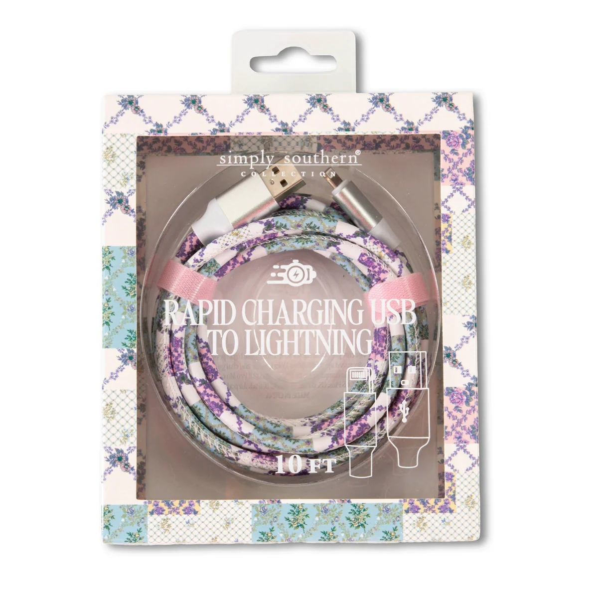10 ft floral USB to Lightning charging cable in blister retail package