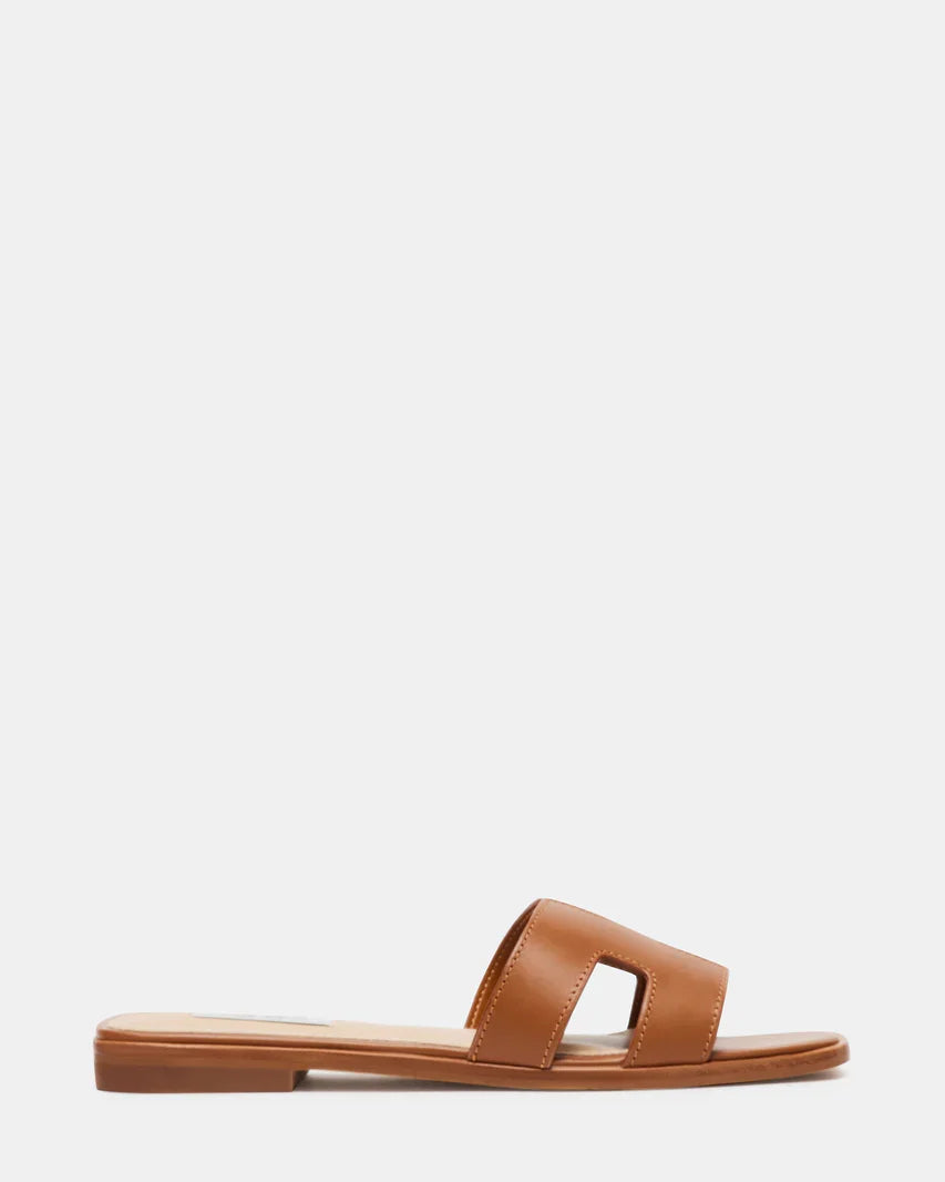 Cognac leather slide sandal with wide strap and low flat sole