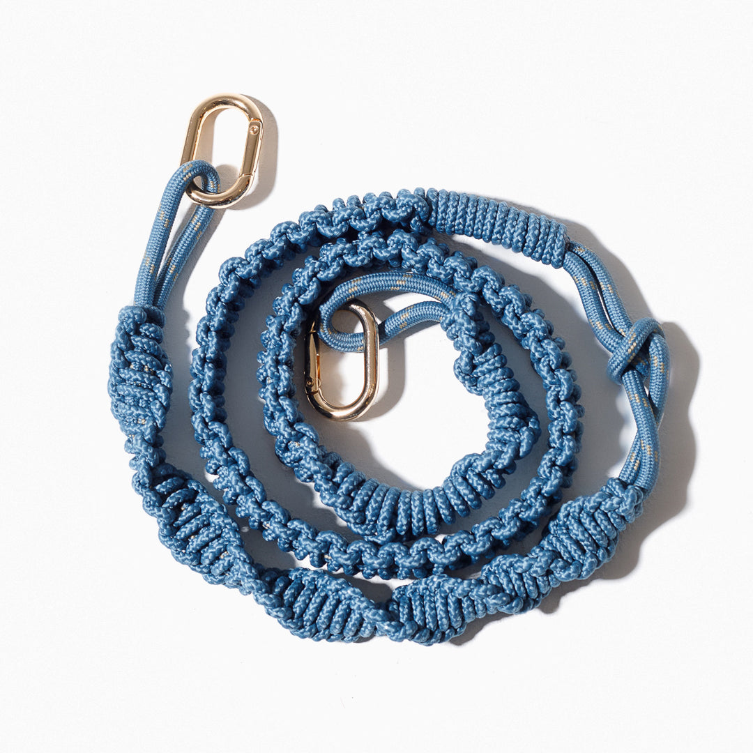 Stormy blue macrame strap with braided loop and metal carabiner clips