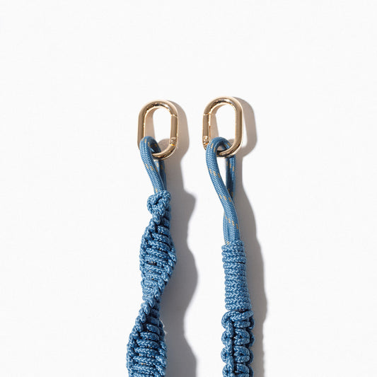Stormy blue macrame strap with two metal carabiner rings and twisted braid