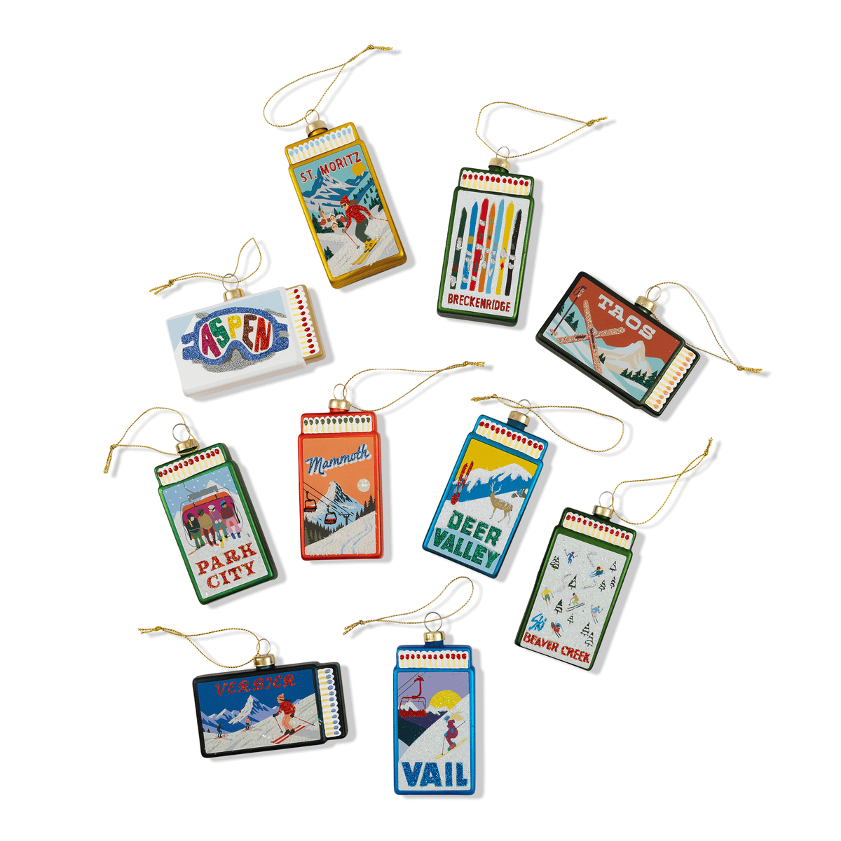 Set of hanging matchbook ornaments with colorful city-themed designs