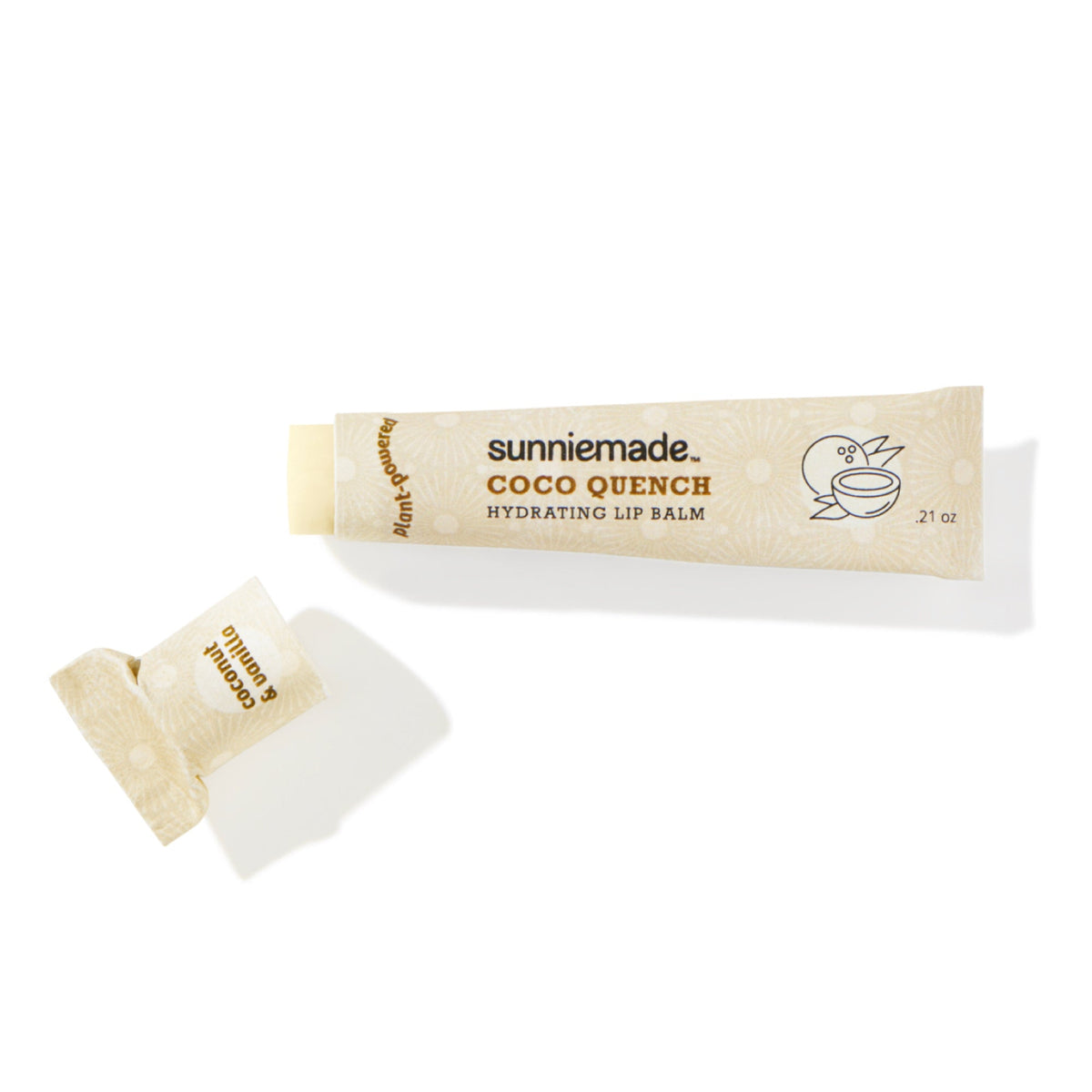 Hydrating lip balm stick in beige wrapper, sunnimade Coco Quench label.