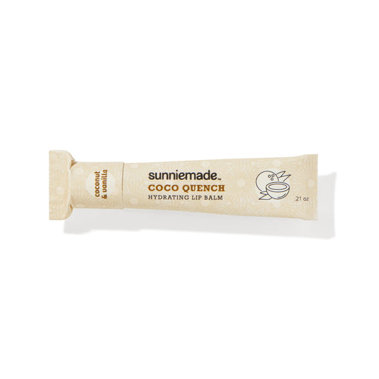 Hydrating lip balm stick in beige wrapper with Coco Quench and 0.21 oz text