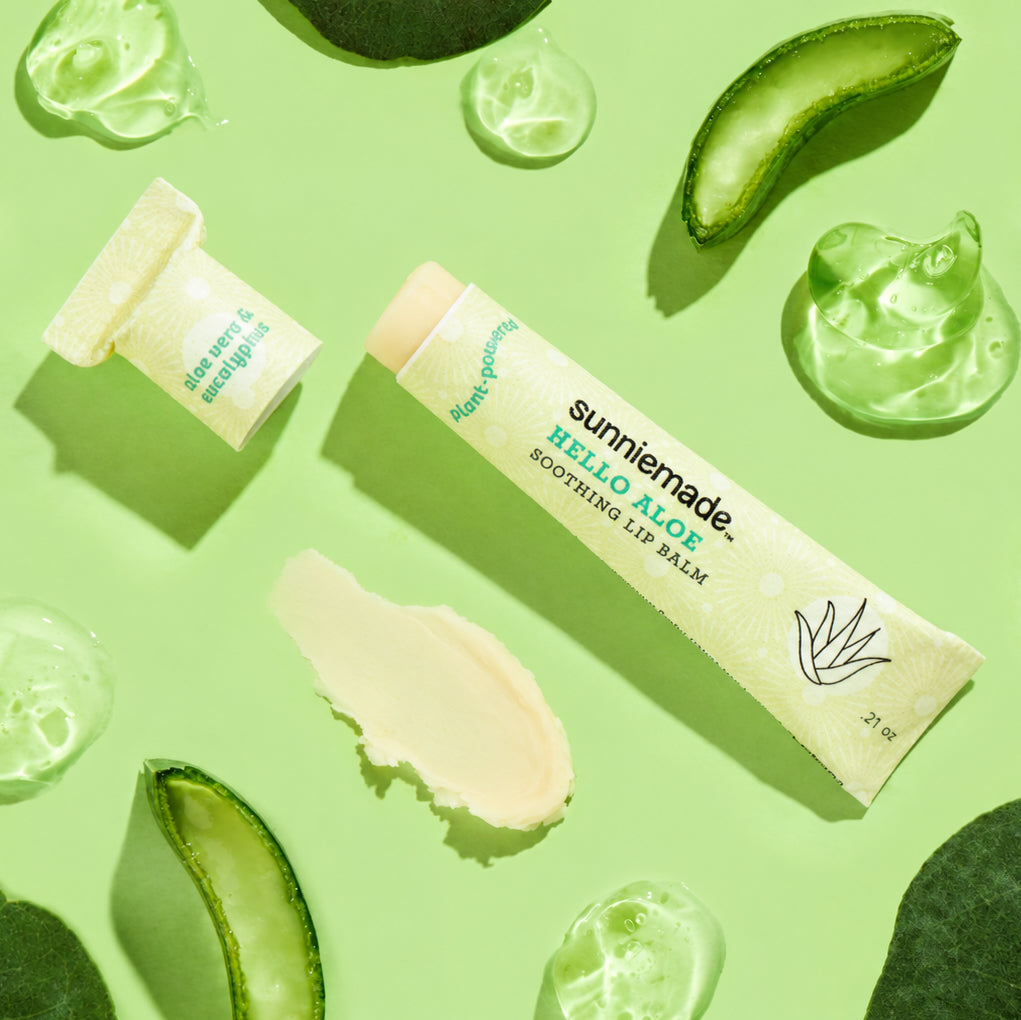 sunniemade Hello Aloe lip balm tubes with pale cream balm swatch