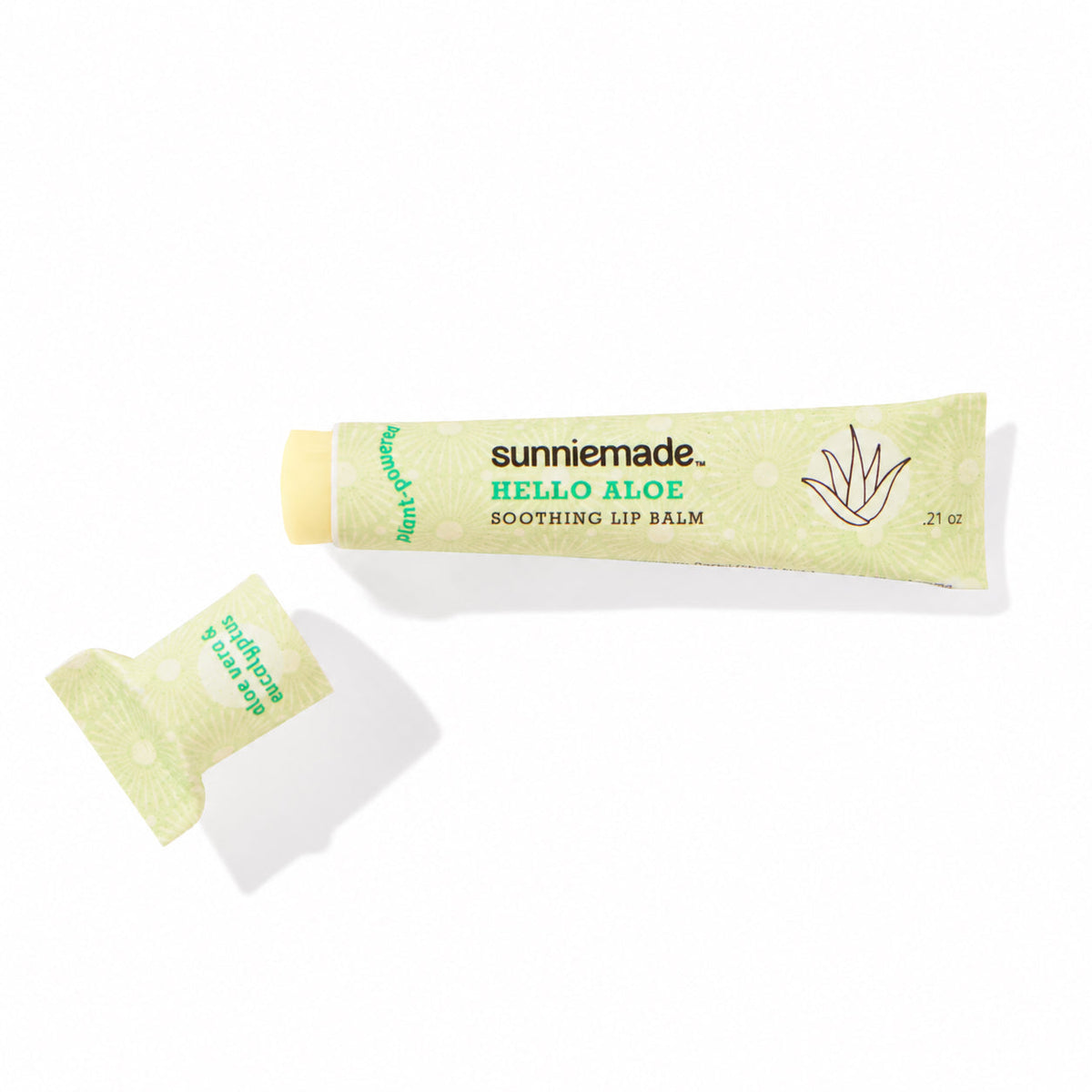 sunniemade Hello Aloe soothing lip balm tube with small opened balm portion