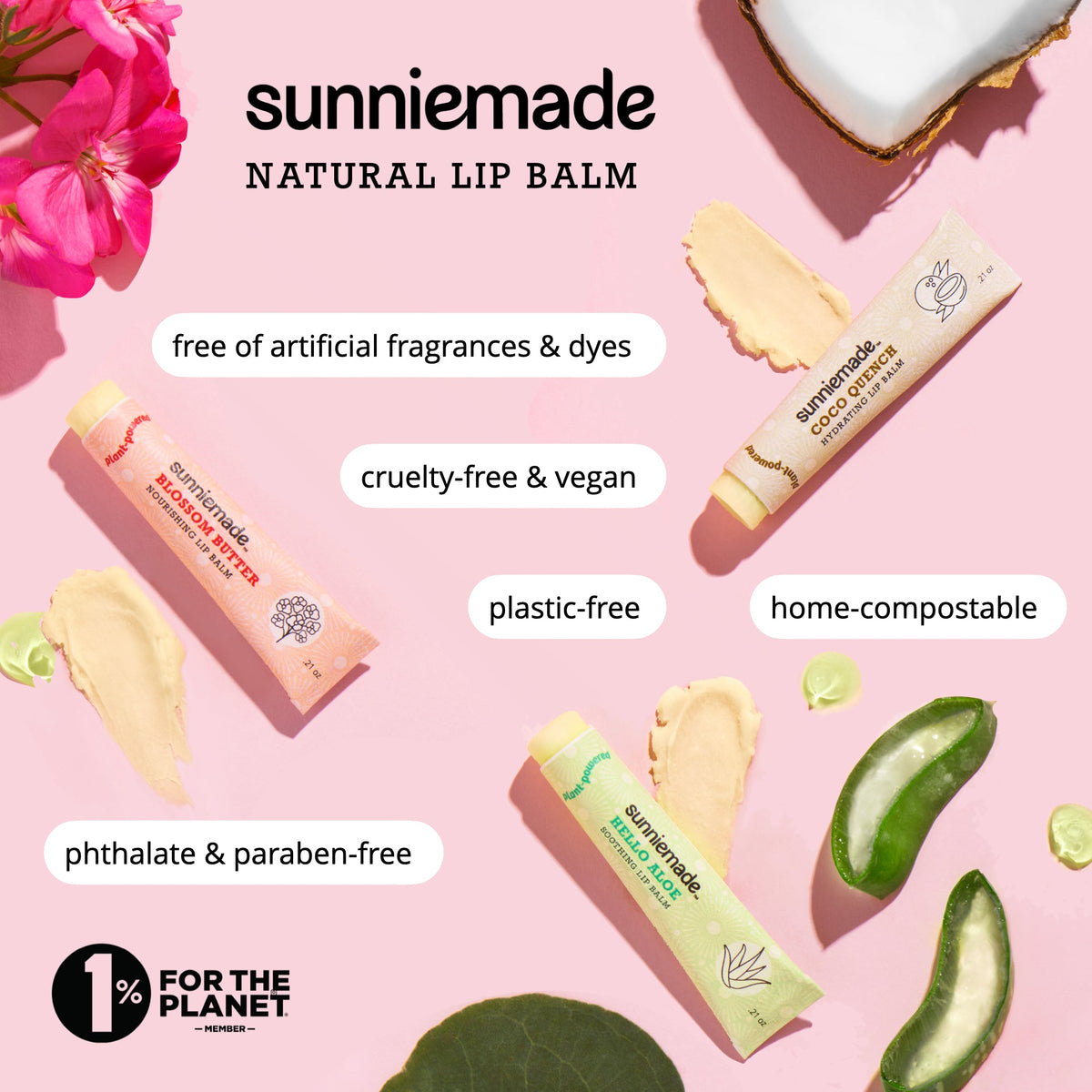 Hydrating lip balm stick with natural lip balm packaging, shown opened and closed