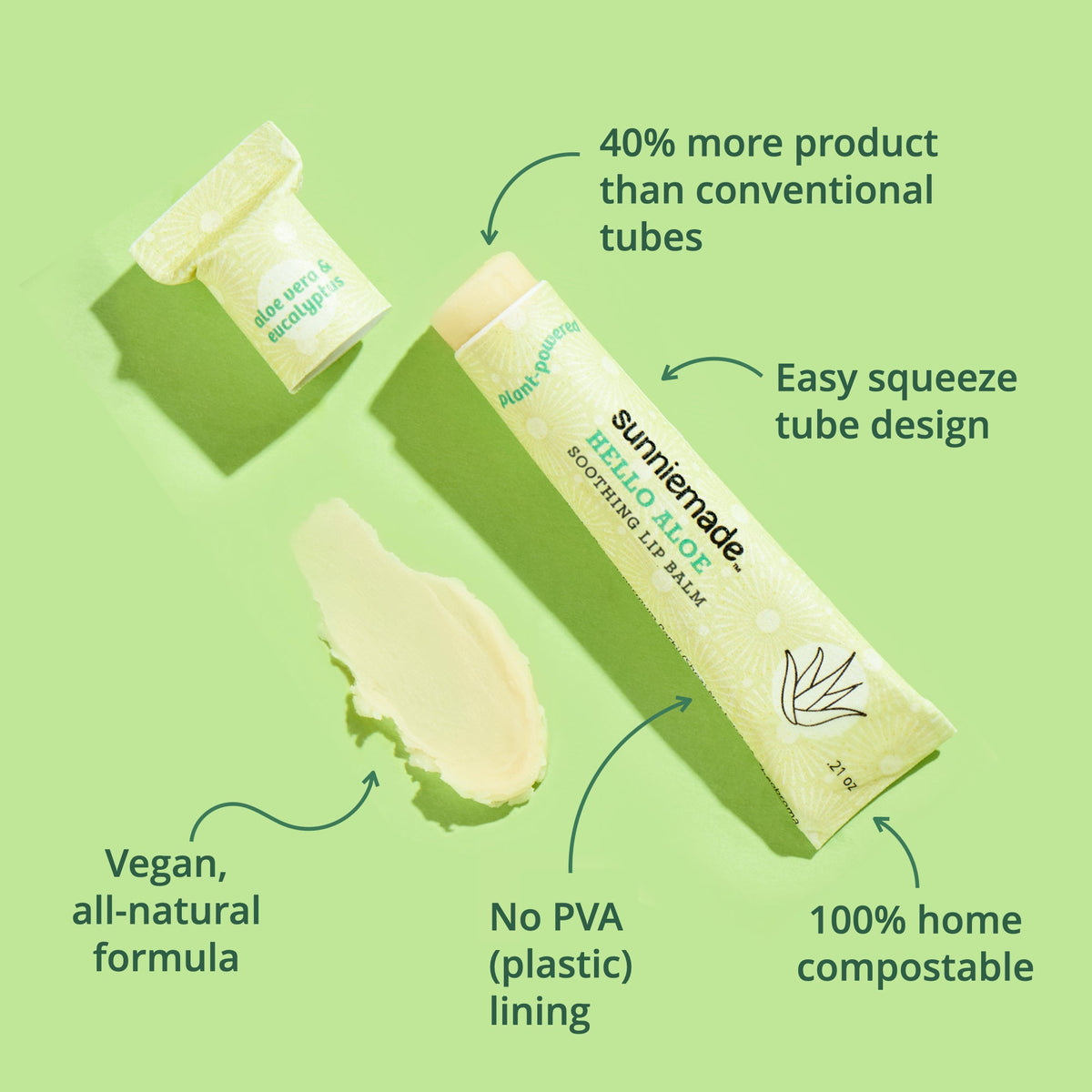 Hydrating lip balm tube with pale cream smear, easy squeeze tube design