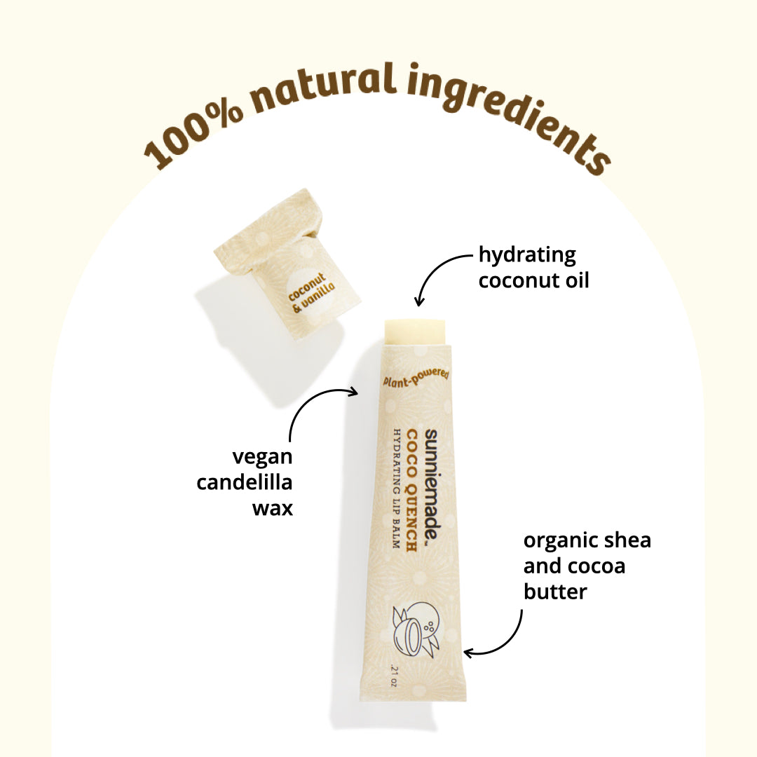 Hydrating lip balm tube with capped applicator, beige label and gold accents