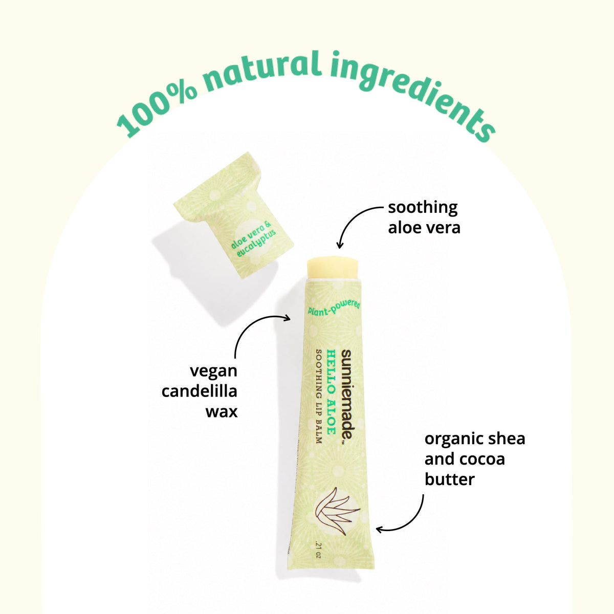 sunniemade Hello Aloe soothing lip balm tube with labeled ingredient icons