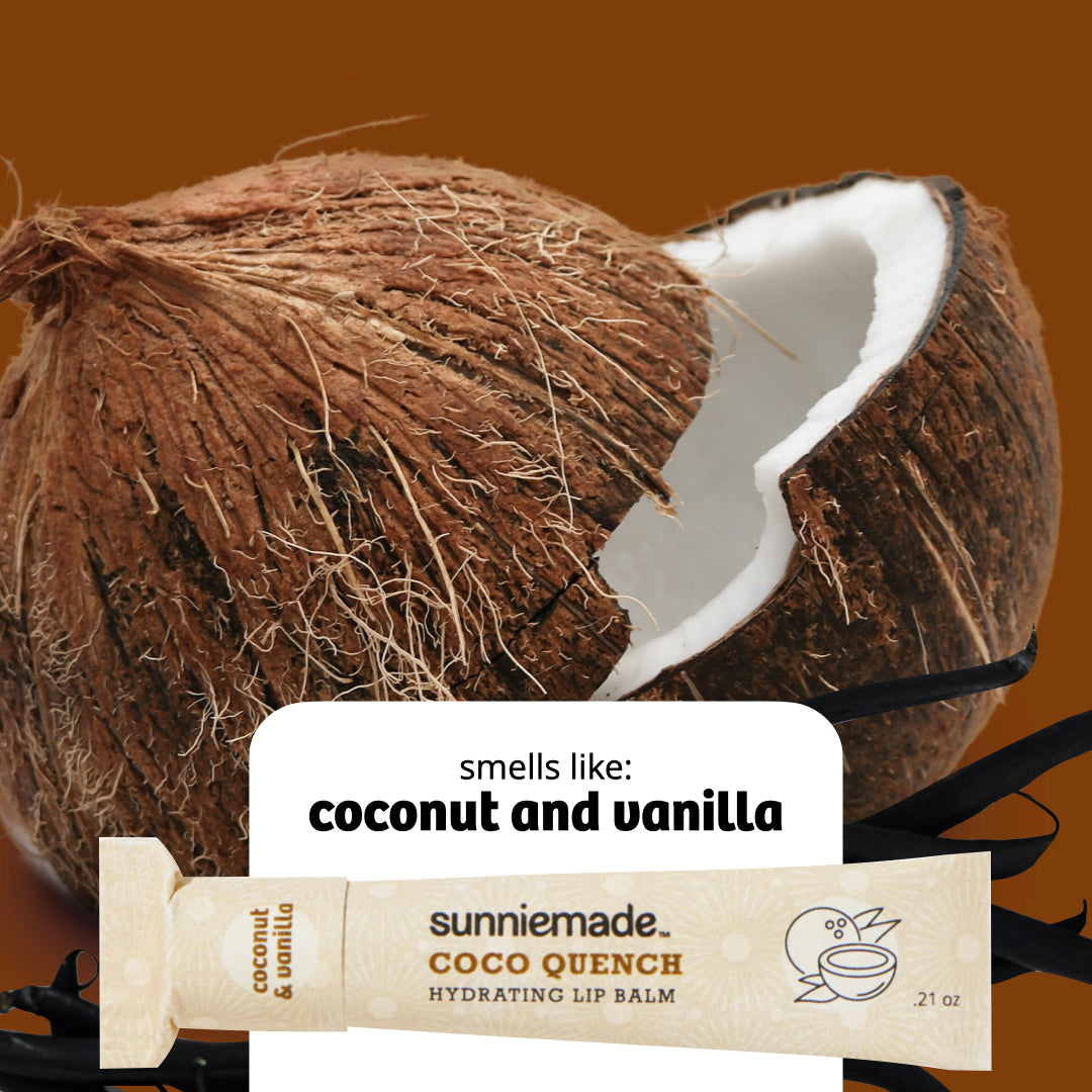 Hydrating lip balm tube in cream packaging, coconut and vanilla scent