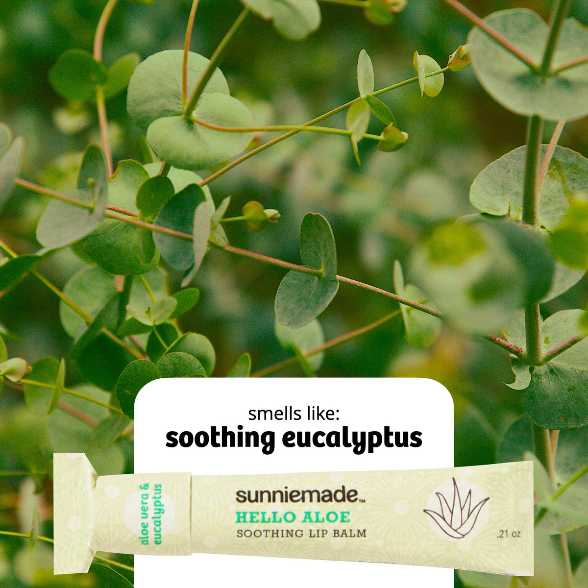 sunniemade Hello Aloe soothing lip balm tube on leaf background