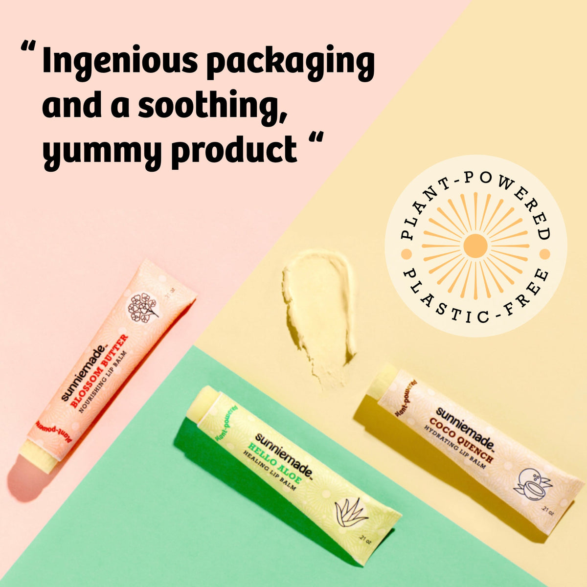Coco Quench hydrating lip balm in squeeze tube with balm swatch