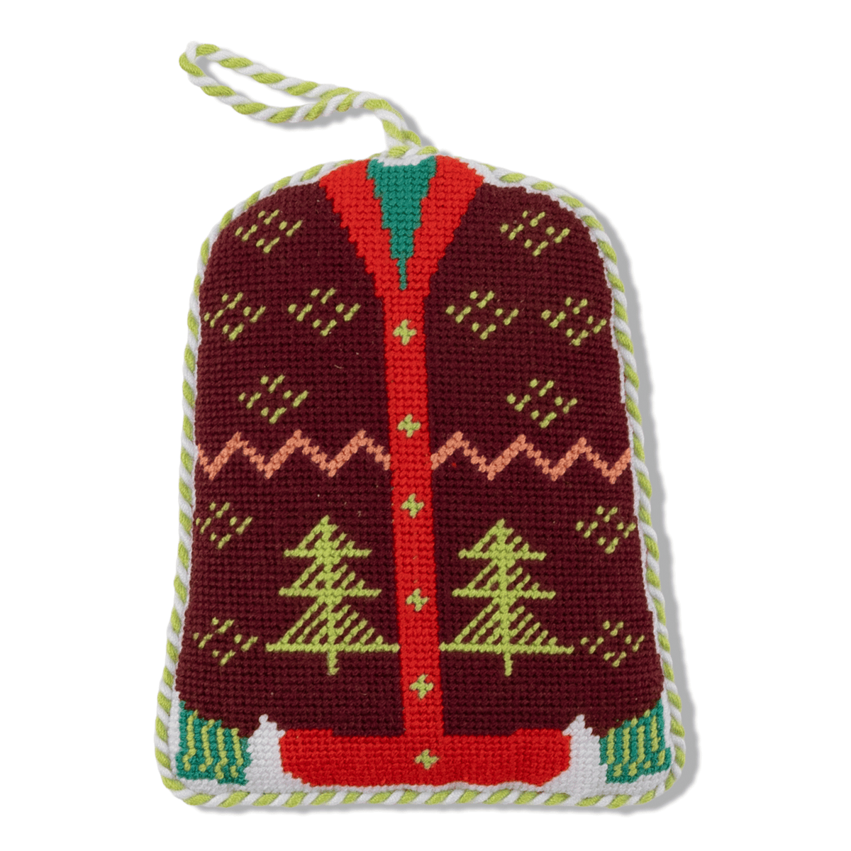 Needlepoint sweater icon ornament with red, green, and yellow holiday pattern and braided hanger