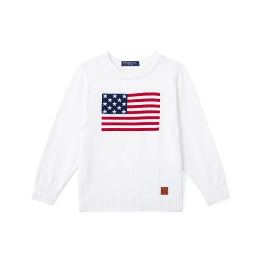 Kids knit sweater in white with American flag graphic on the front