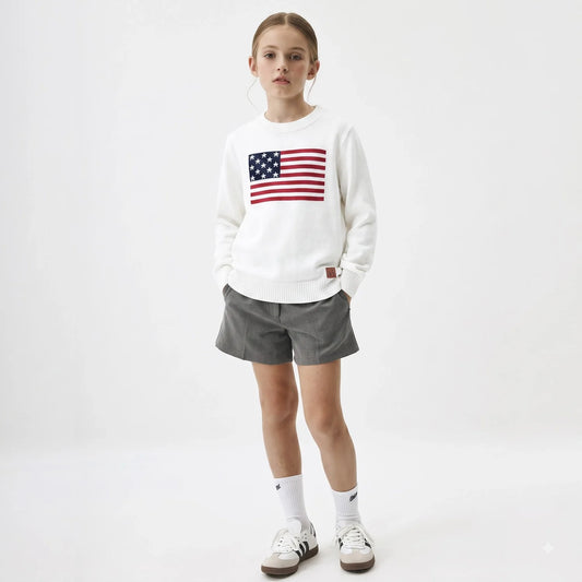 Kids white crewneck knit sweater with American flag graphic and ribbed hem