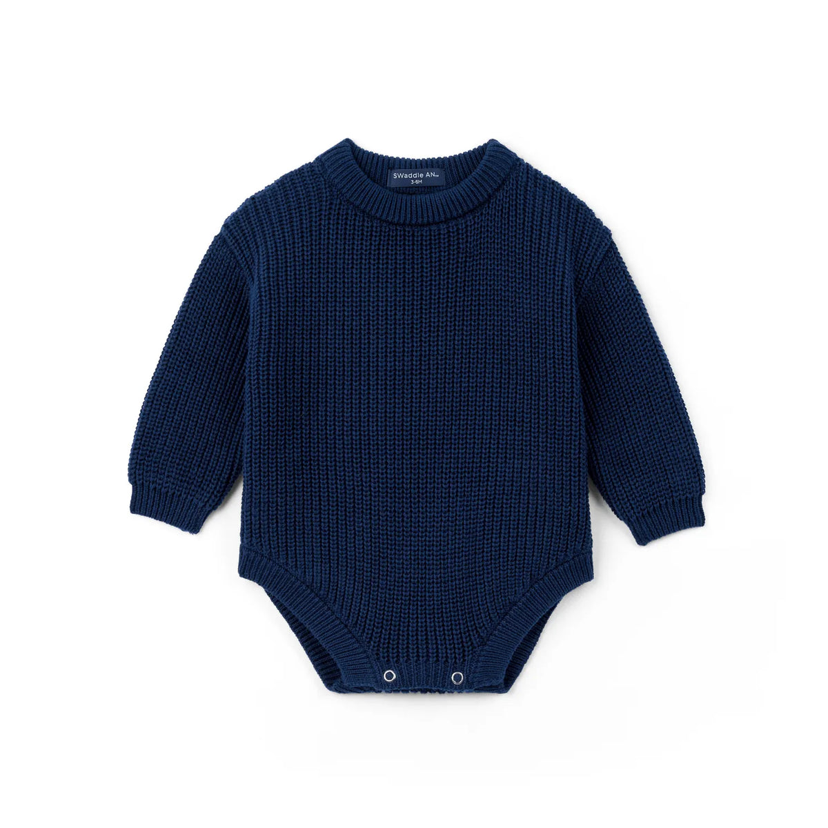 Navy chunky-knit baby romper with long sleeves and ribbed crew neck