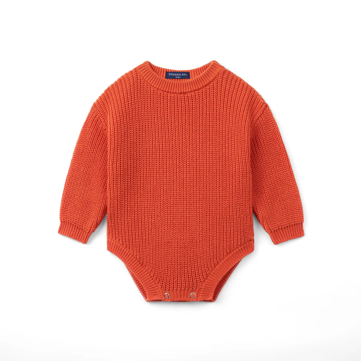Orange rust chunky knit baby romper with long sleeves and snap button leg closure