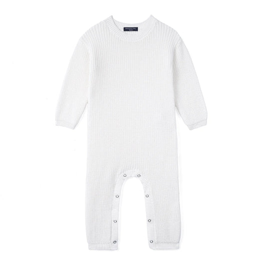 White knit baby romper with long sleeves and snap-closure legs